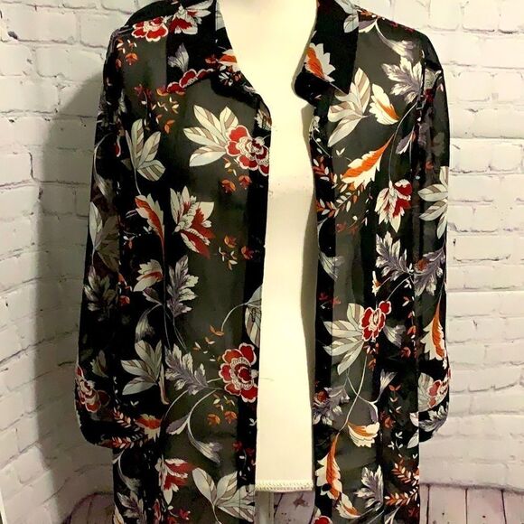 Simply Emma - Black Orange White Pattern - Sheer Blouse - 1X - Picture 1 of 4